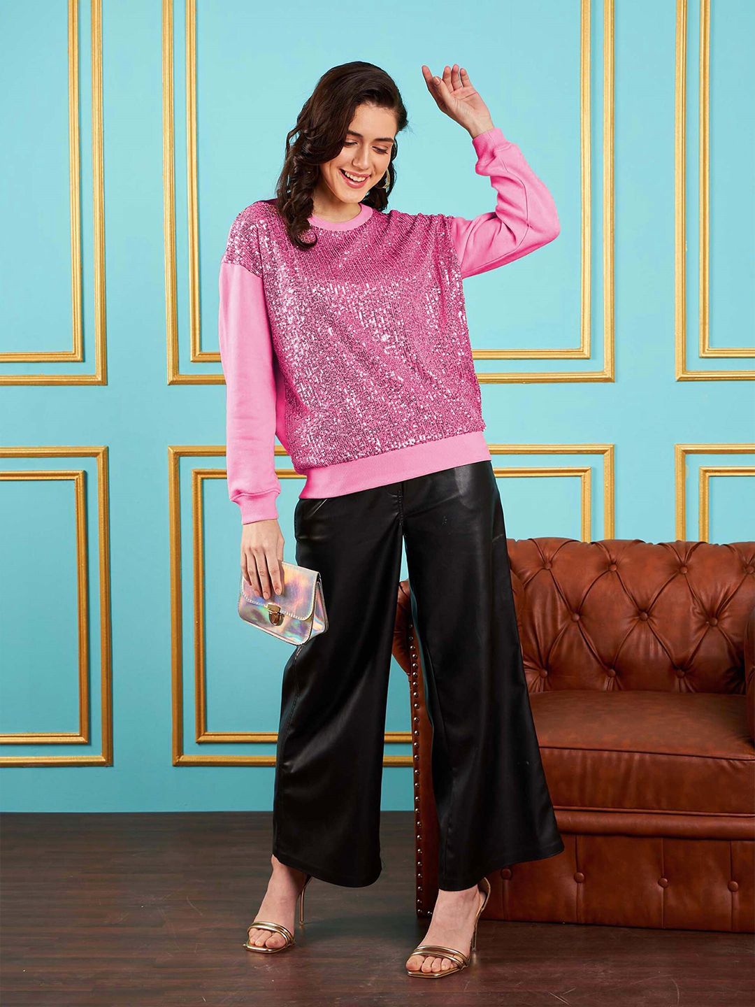 SASSAFRAS Pink Embellished Round Neck Pullover Sweatshirt