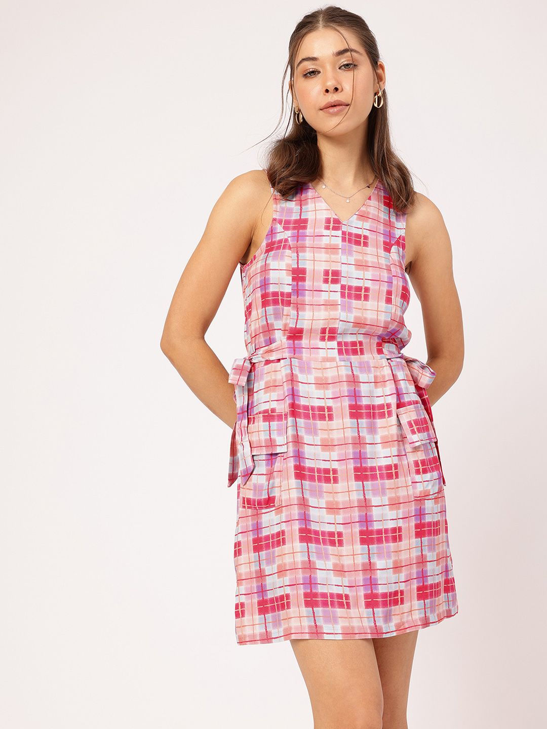 DressBerry Checkered Dreams Tie-Ups Pocket Detail Mini Dress