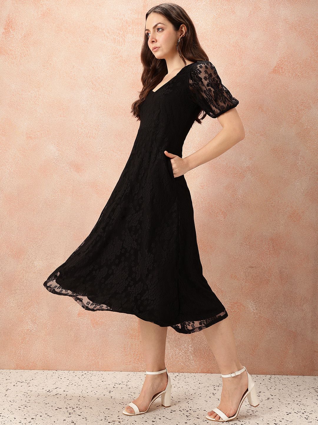 all about you V-Neck Puff Sleeves Lace A-Line Dress