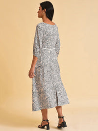 W White Ethnic Motif Printed A-Line Midi Dress With Belt