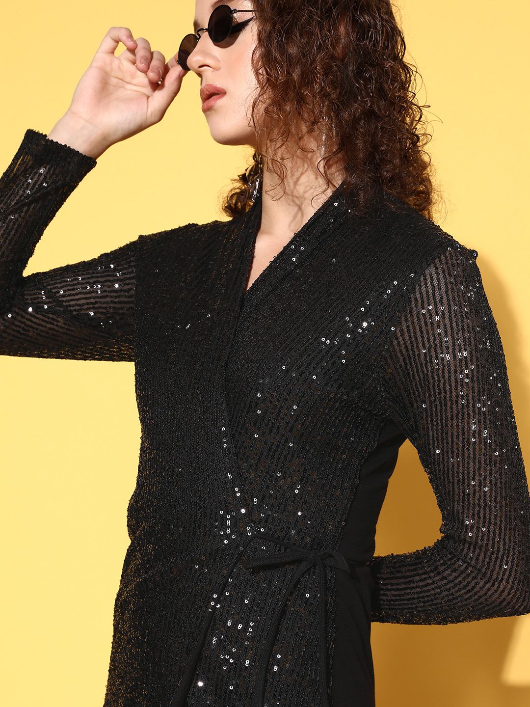 SASSAFRAS Women  Black Solid Shimmer & Sequin Dress