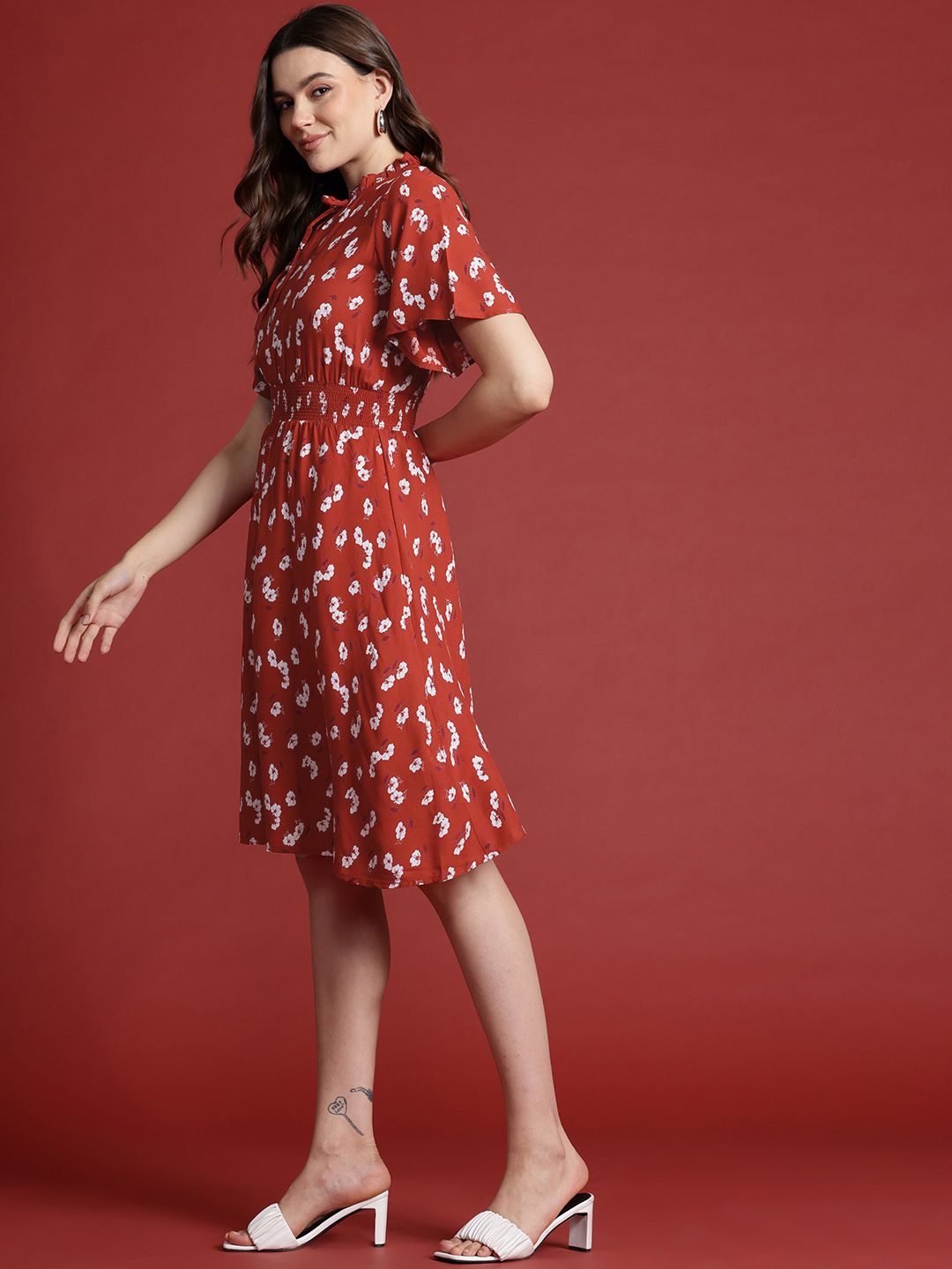 all about you Floral Print Tie-Up Neck Flared Sleeve Fit & Flare Dress