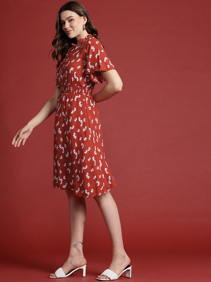 all about you Floral Print Tie-Up Neck Flared Sleeve Fit & Flare Dress