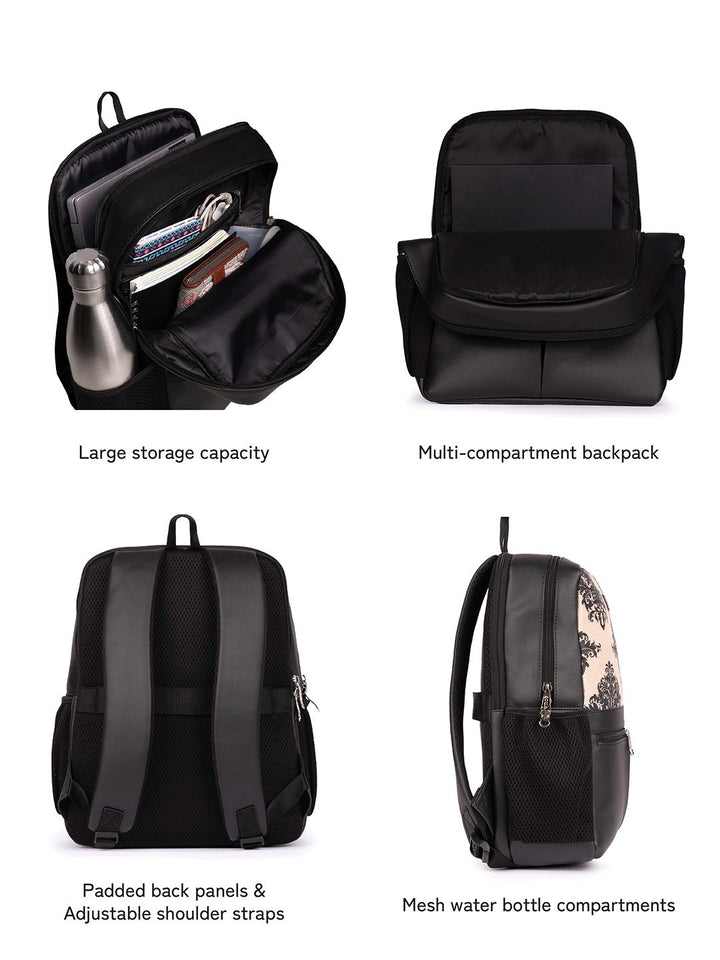 Zouk Women Ethnic Printed Vegan Leather Backpack dengan tali mampatan sehingga 16 inci