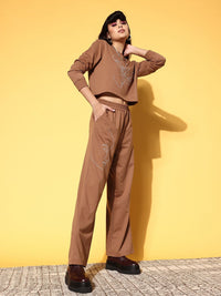 SASSAFRAS Women Chic Brown Printed Sweatshirt with Solid Trousers