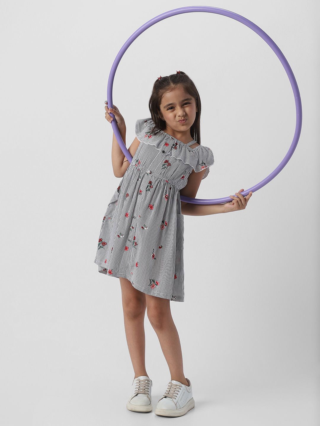 Nauti Nati Girls Floral Striped Cold-Shoulder Ruffled Fit & Flare Dress