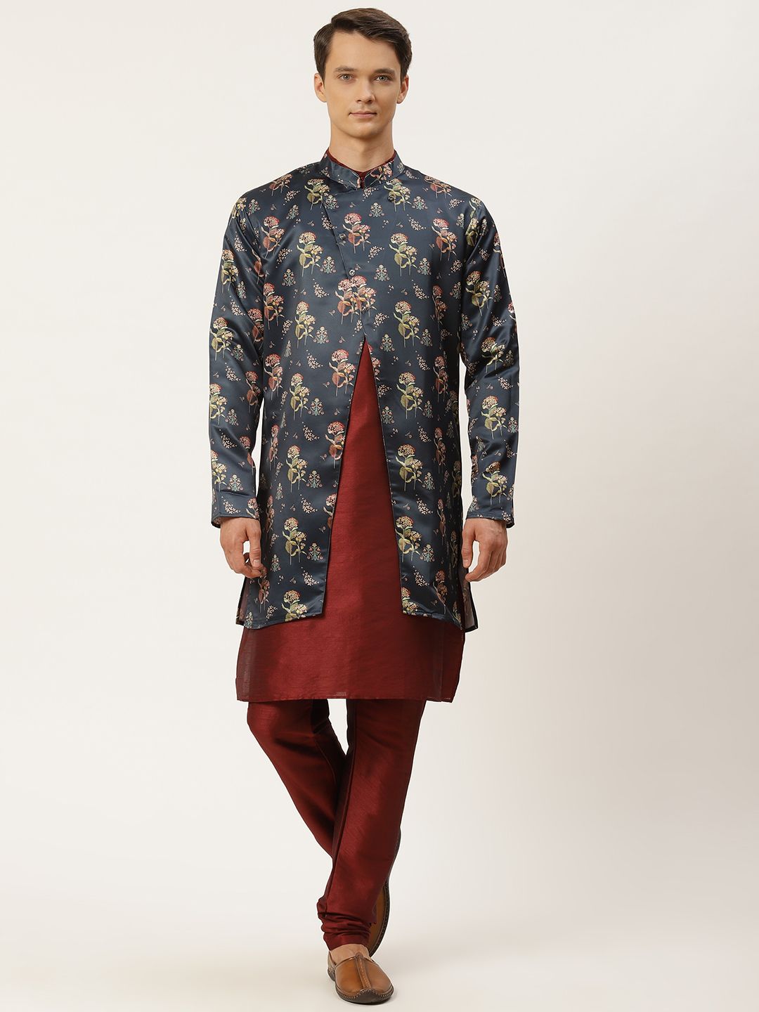 SOJANYA Men Navy Blue & Maroon Floral Print Kurta & Churidar with Tailored Jacket
