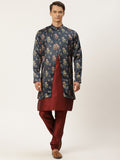 SOJANYA Men Navy Blue & Maroon Floral Print Kurta & Churidar with Tailored Jacket