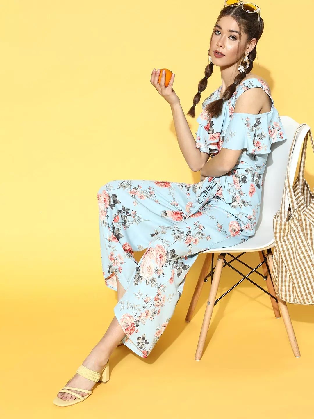 Berrylush Blue & Red Printed Basic Jumpsuit with Ruffles