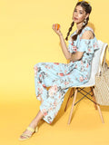 Berrylush Blue & Red Printed Basic Jumpsuit with Ruffles