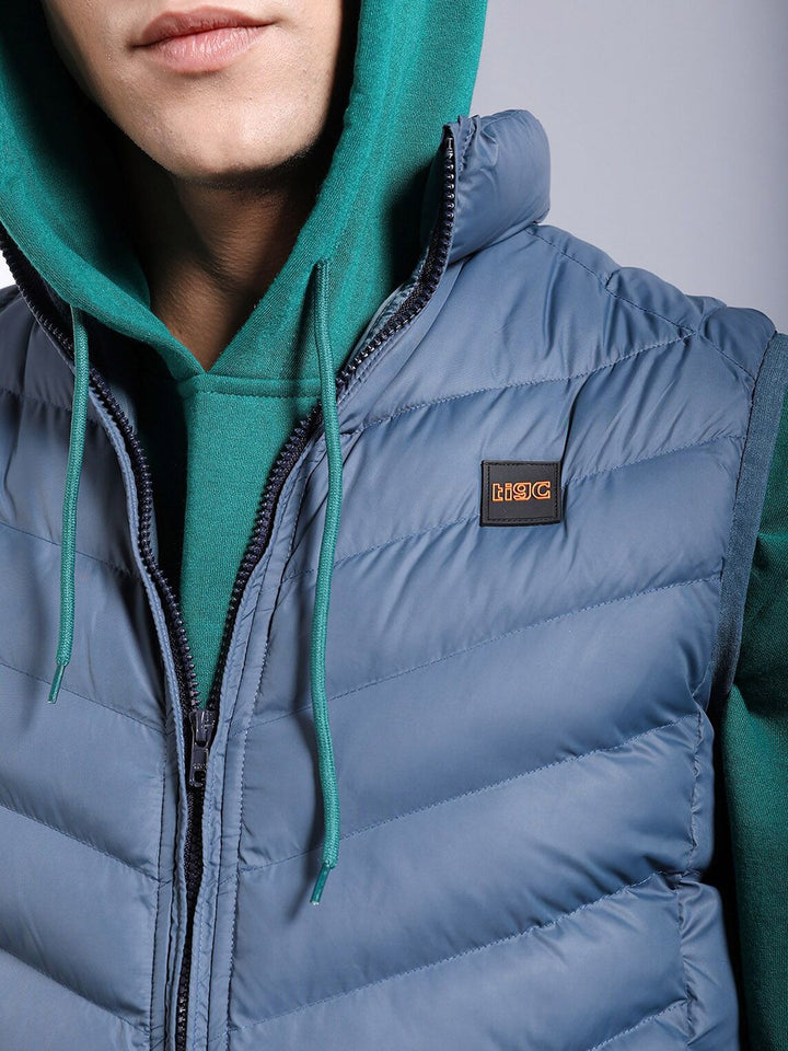 The Indian Garage Co Men Blue Floral Striped Outdoor Puffer Jacket