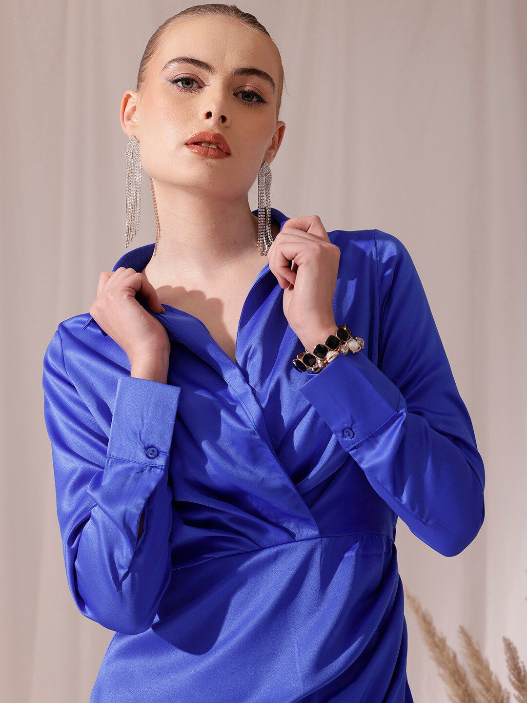 STREET 9 Shirt Collar Long Sleeves Satin Dress