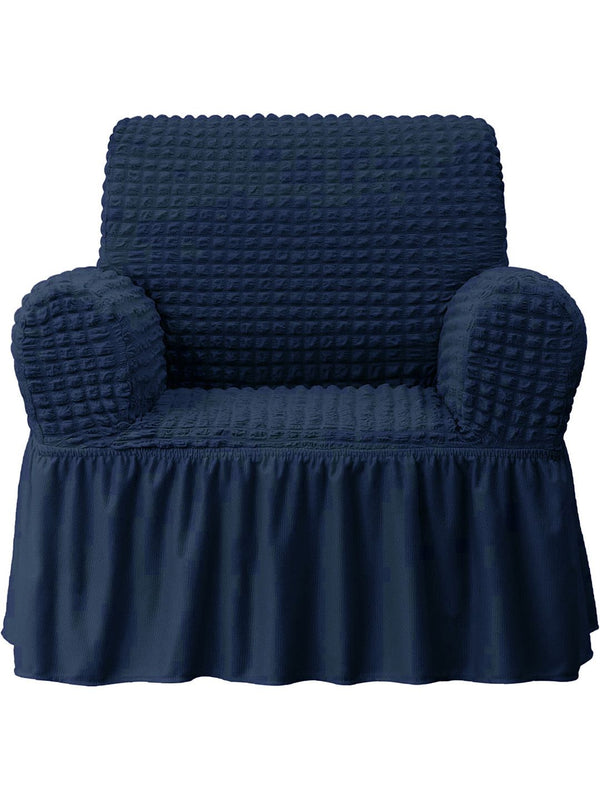 Cortina Navy Blue Ruffle 1-Seater Stretchable Sofa Cover With Skirt