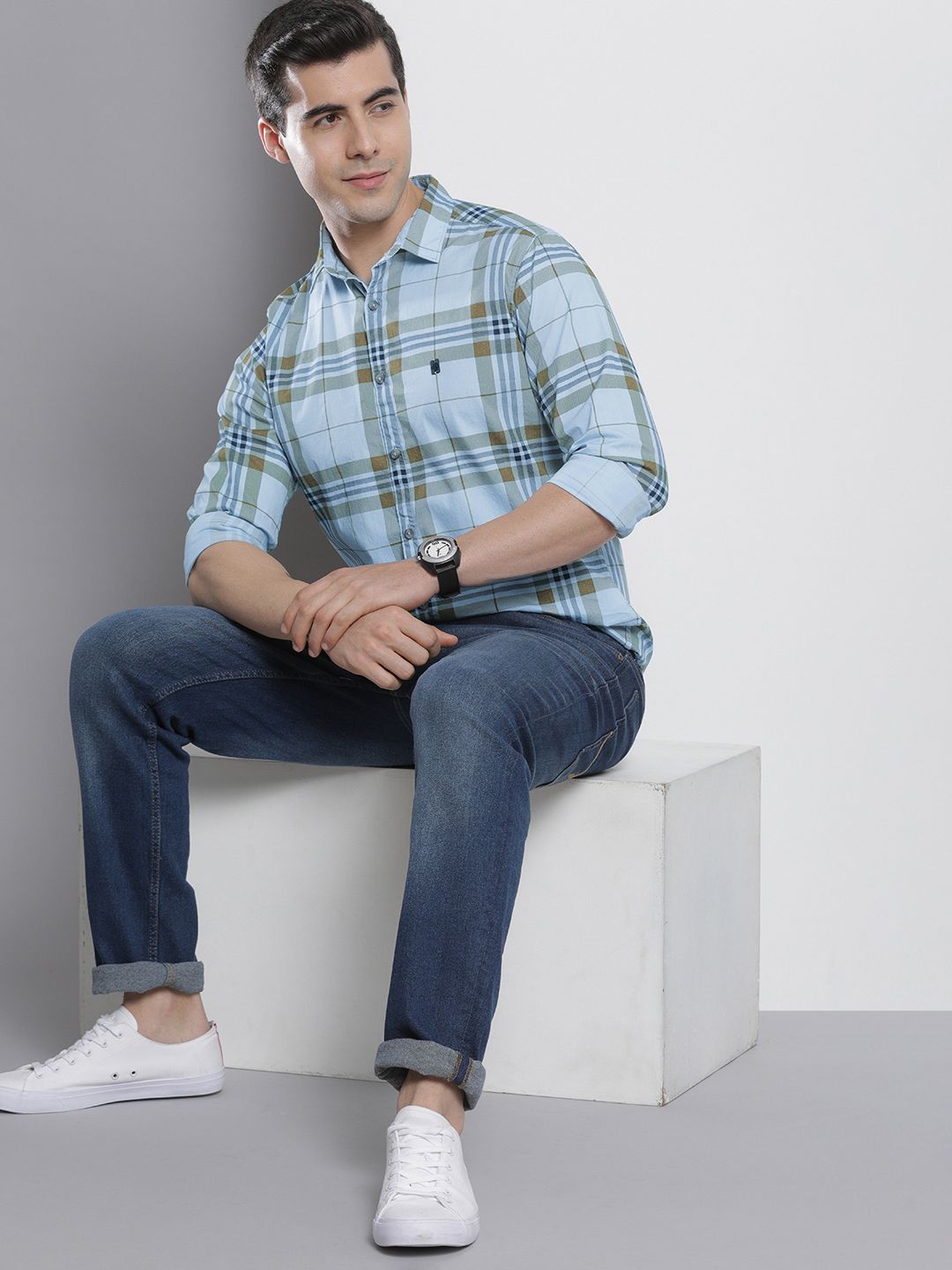 The Indian Garage Co Men Blue & Mustard Brown Checked Pure Cotton Casual Shirt