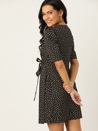 DressBerry Women Black & White Printed Wrap Belted Dress