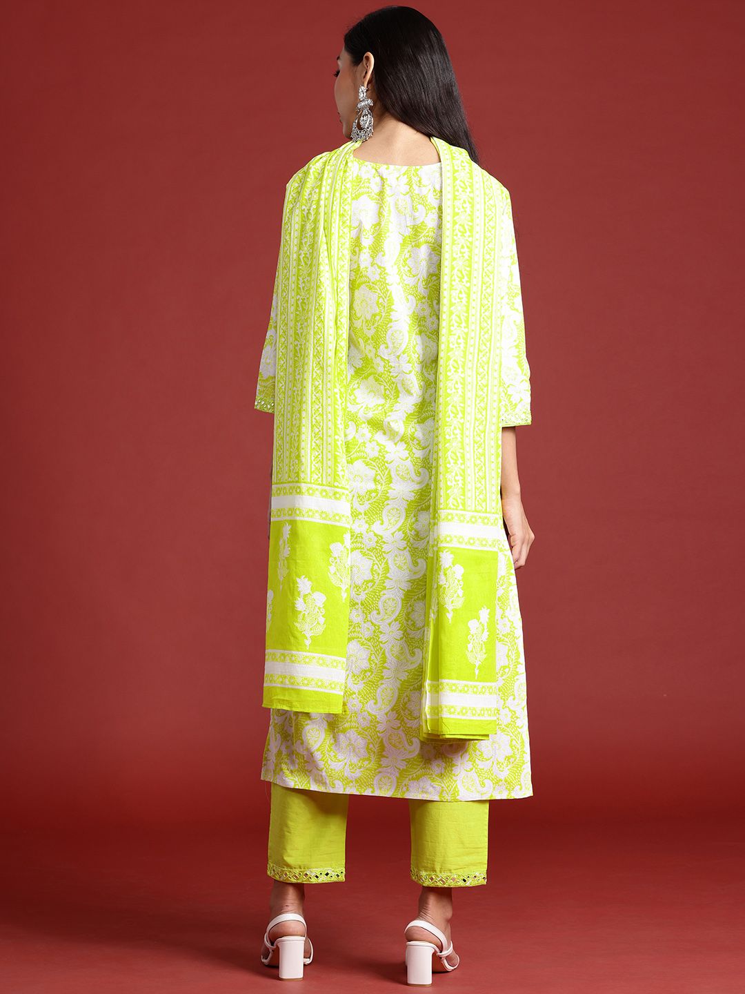Indo Era Floral Printed Thread Work Pure Cotton Kurta With Trousers & Dupatta