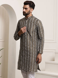 SOJANYA Lelaki Motif Etnik Hijau Zaitun & Putih Sulam Kurta Lurus