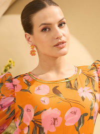 Antheaa Women Embellished Floral Printed Puff Sleeves Tiered Maxi Dress