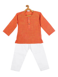VASTRAMAY Boys Orange Pure Cotton Kurta with Pyjamas