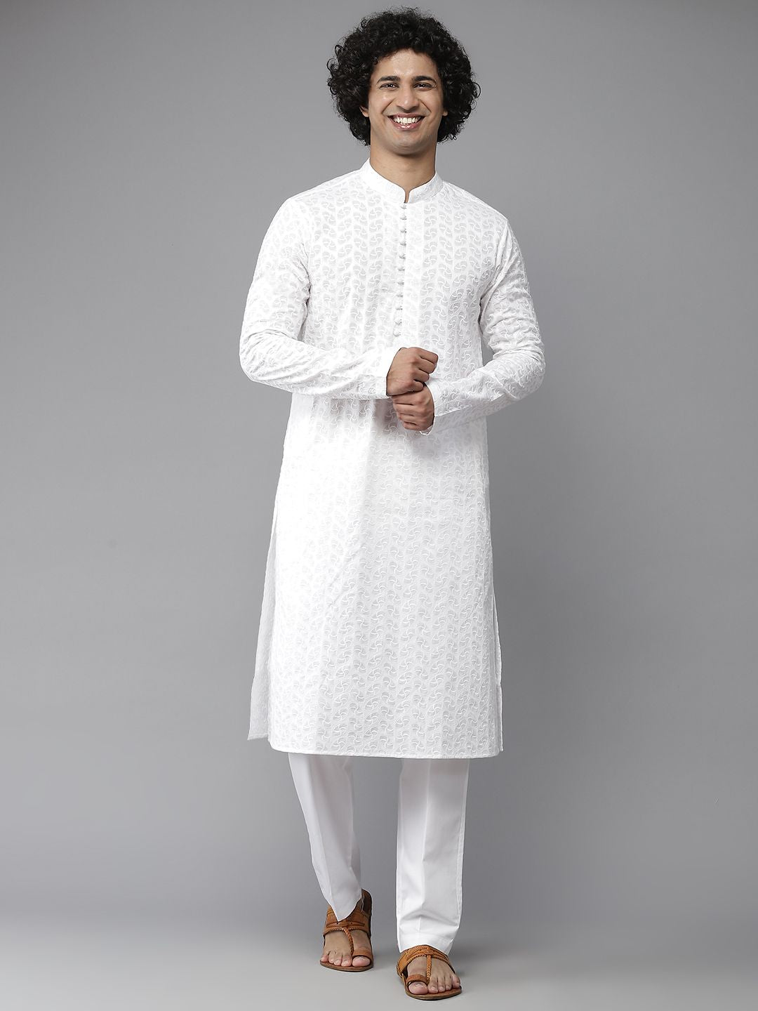 See Designs Men White Embroidered Chikankari Pure Cotton Kurta with Pyjamas