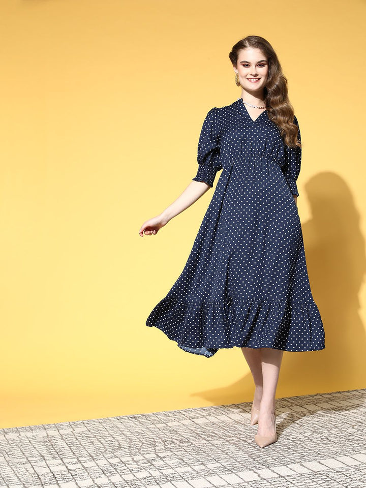 Berrylush Women Deep Navy Blue Polka Dotted Volume Play Dress