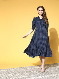 Berrylush Women Deep Navy Blue Polka Dotted Volume Play Dress