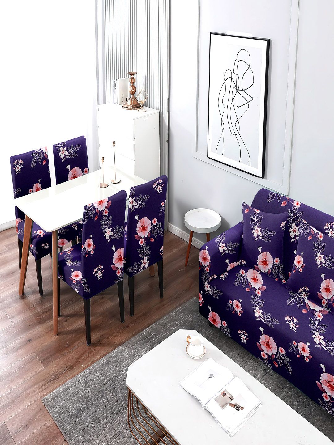 Cortina Navy Blue Floral Printed Single-Seater Sofa Cover