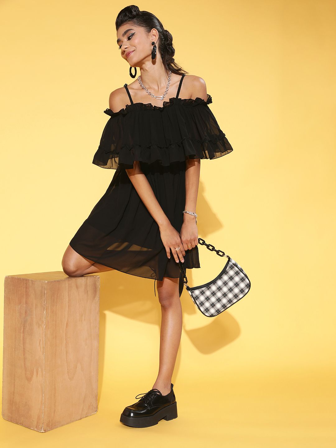Athena Women Stylish Black Solid Feminine Frills Dress