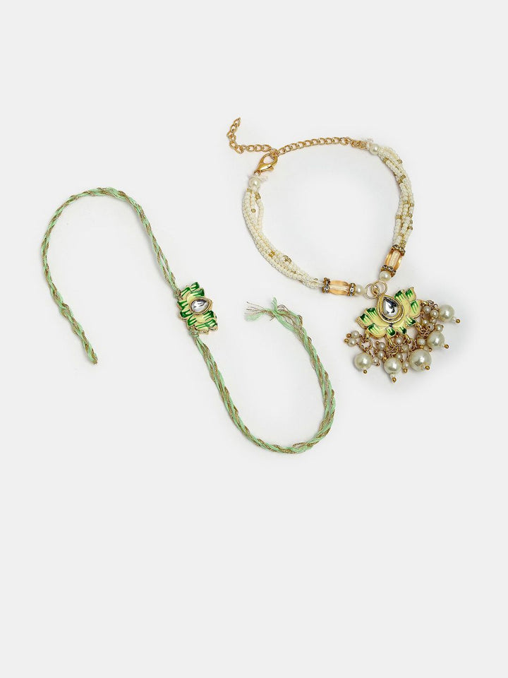 NVR Set of 2 Kundan-Studded & Beaded Wraparound Rakhis With Roli Chawal