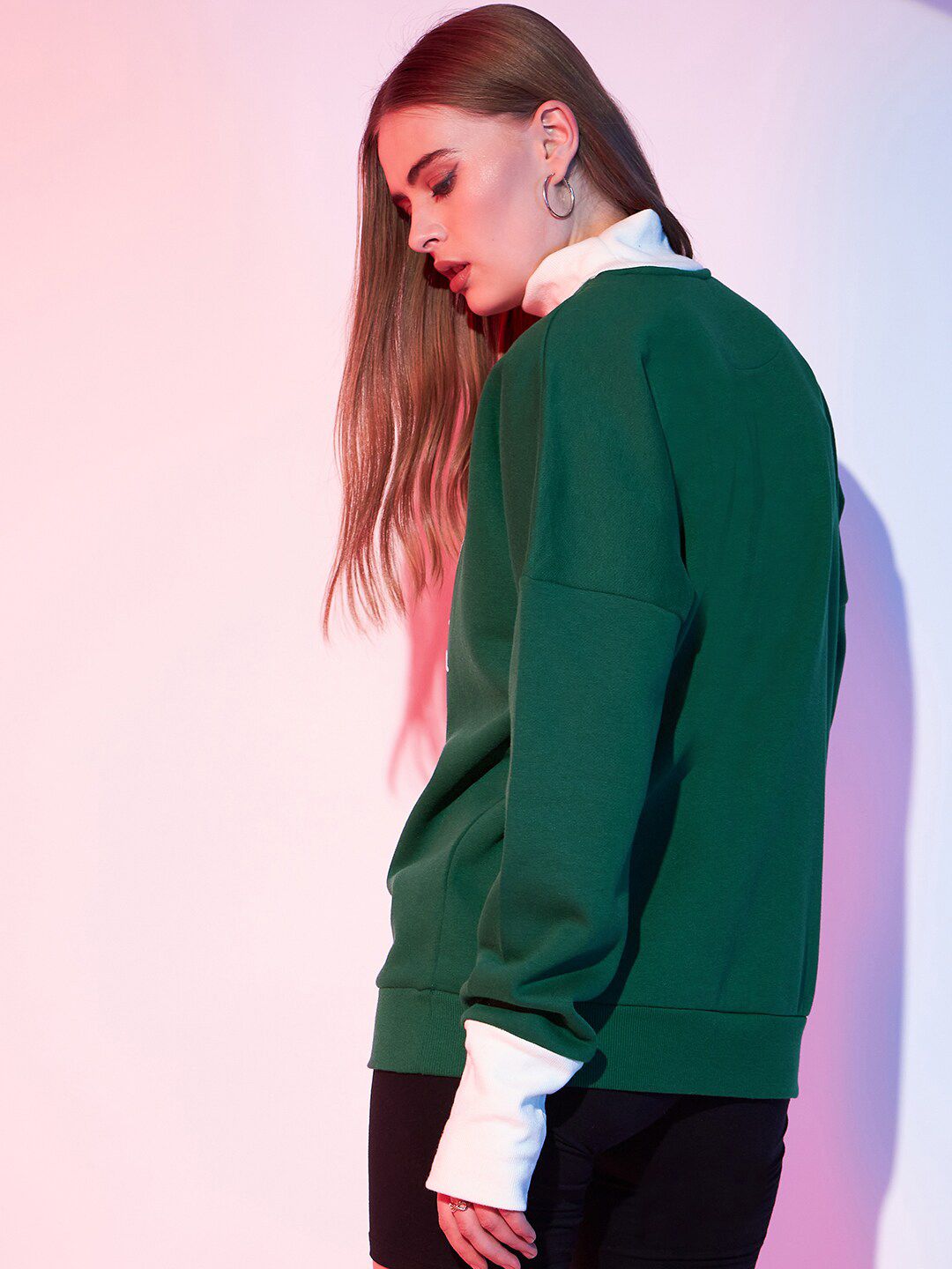 STREET 9 Green & White Graphic Printed Fleece Pullover Sweatshirt
