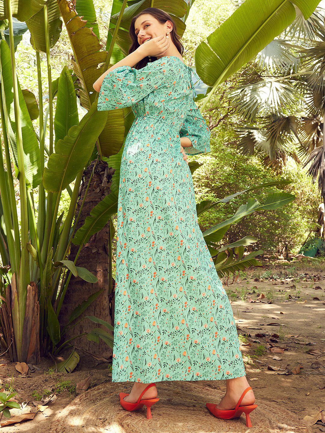 STREET 9 Green & Orange Floral Printed A-Line Maxi Dress