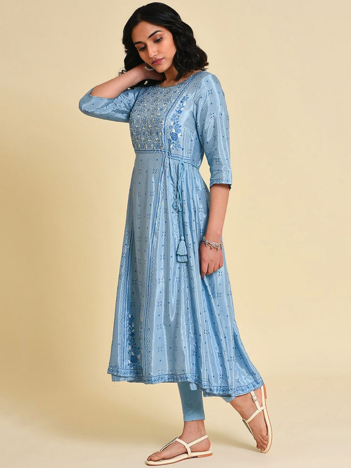 W Ethnic Motifs Floral Printed Sequinned A-Line Kurta With Leggings