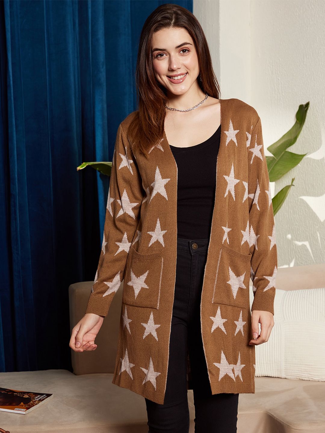 Berrylush Printed Longline Acrylic Sweater