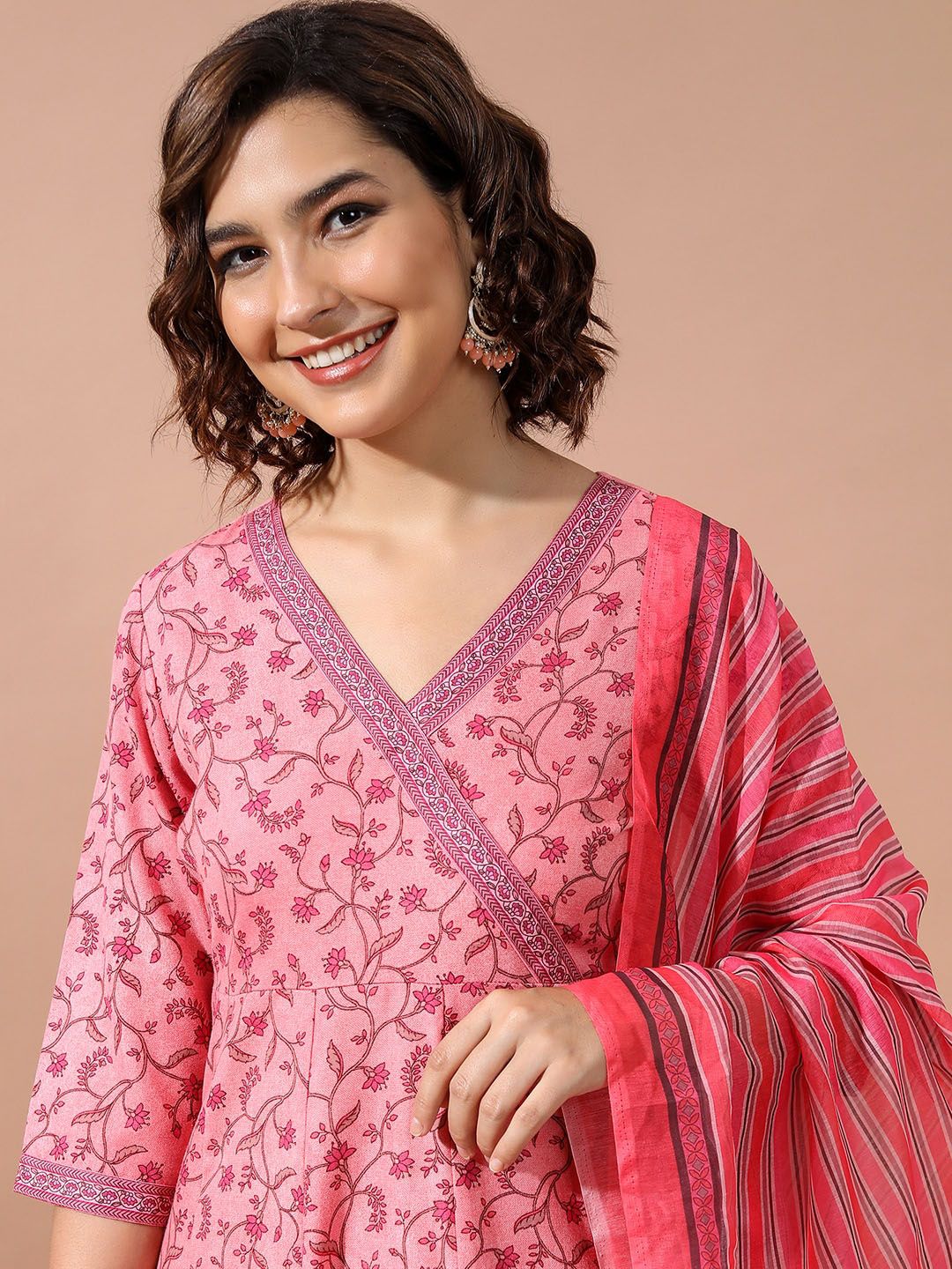 Vishudh Pink Ethnic Motifs Printed Angrakha Kurta With Trousers & Dupatta