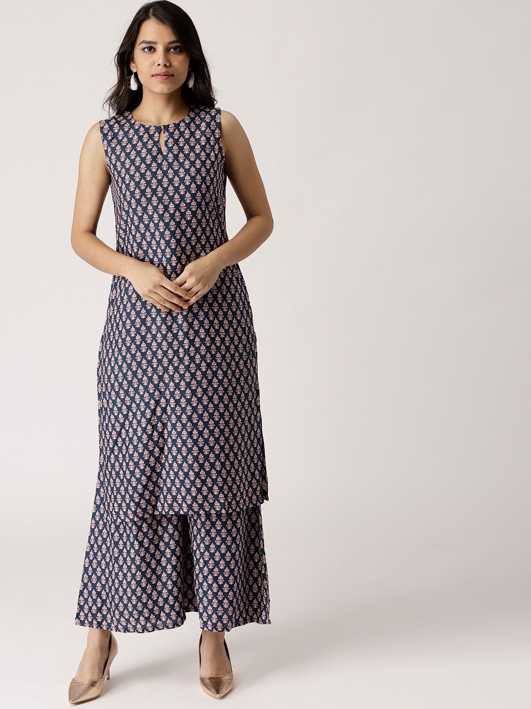 Libas Women Navy Blue & Beige Printed Kurta with Palazzos