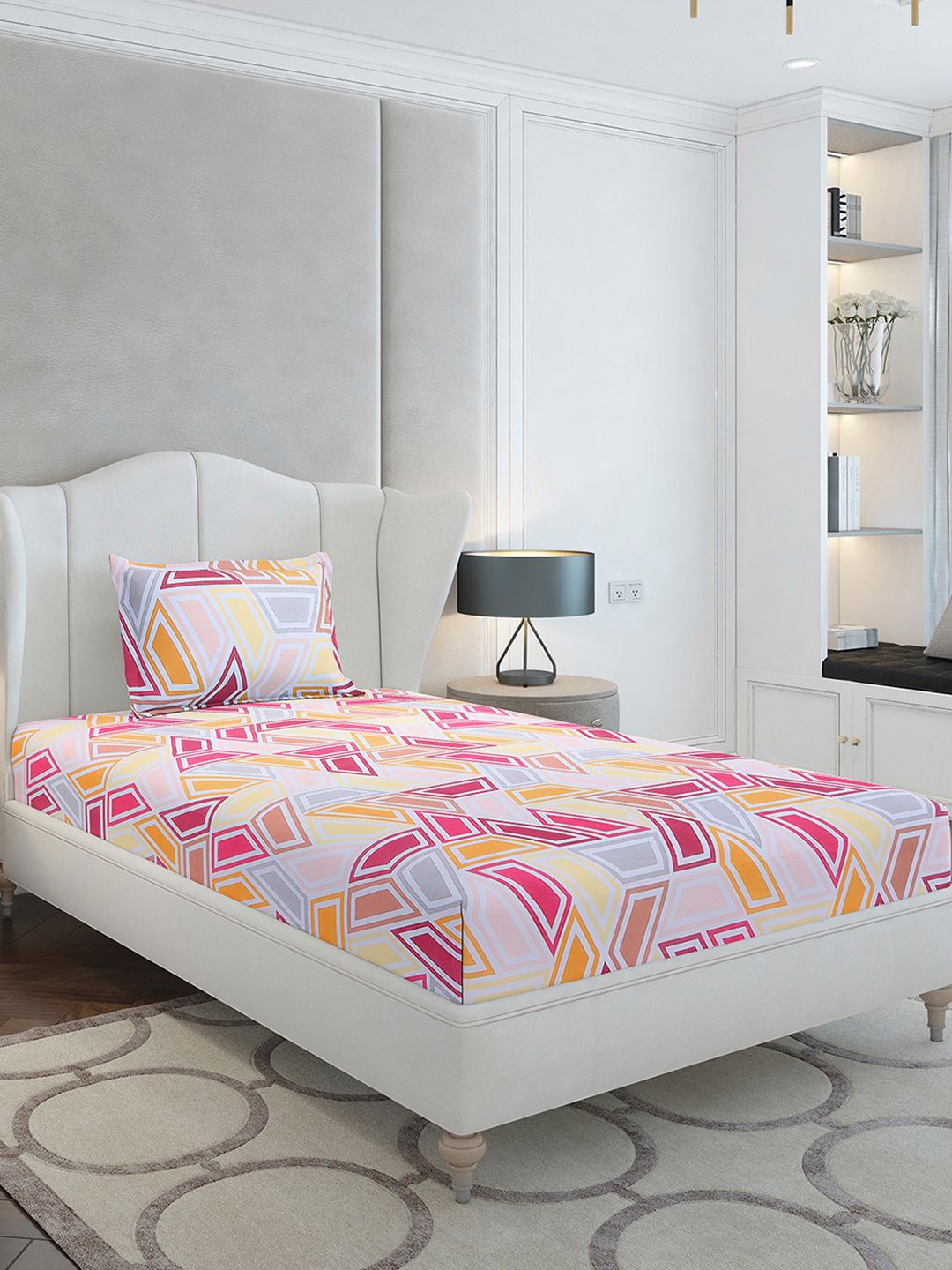 Monte Carlo Magenta & White Geometric Cotton 104 TC Single Bedsheet Set-2.24 m x 1.52 m