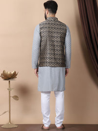 Anouk Grey Floral Embroidered Thread Work Pure Cotton Kurta with Churidar & Nehru Jacket