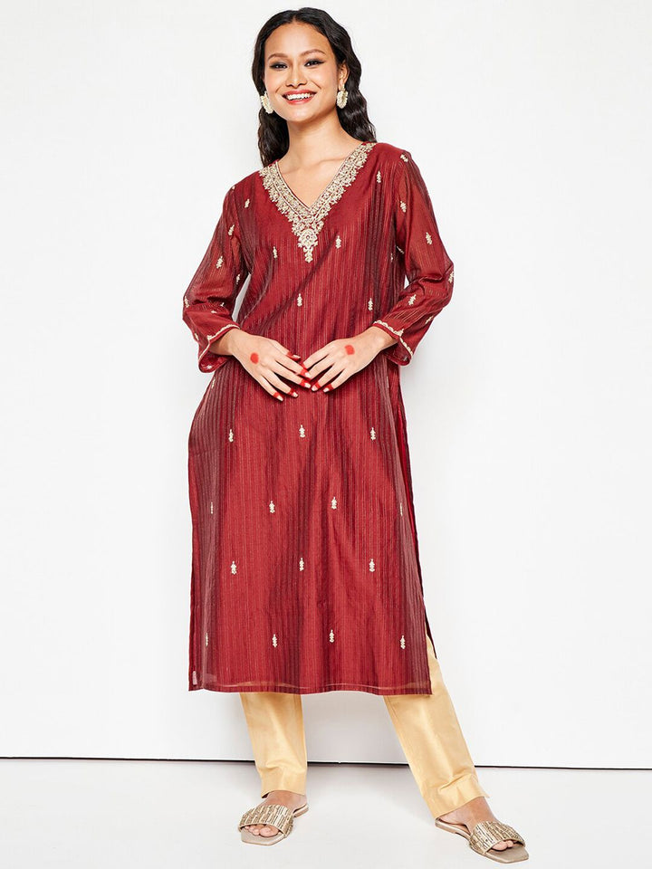 Global Desi V Neck Long Sleeves Yoke Design Rayon A Line Kurta