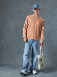 Bewakoof Self Design Drop-Shoulder Sleeves Oversized Acid Wash Cotton T-shirt