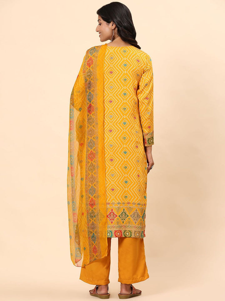 Mamicha Bandhani Printed Beads & Stones Pure Cotton Straight Kurta with Palazzos & Dupatta
