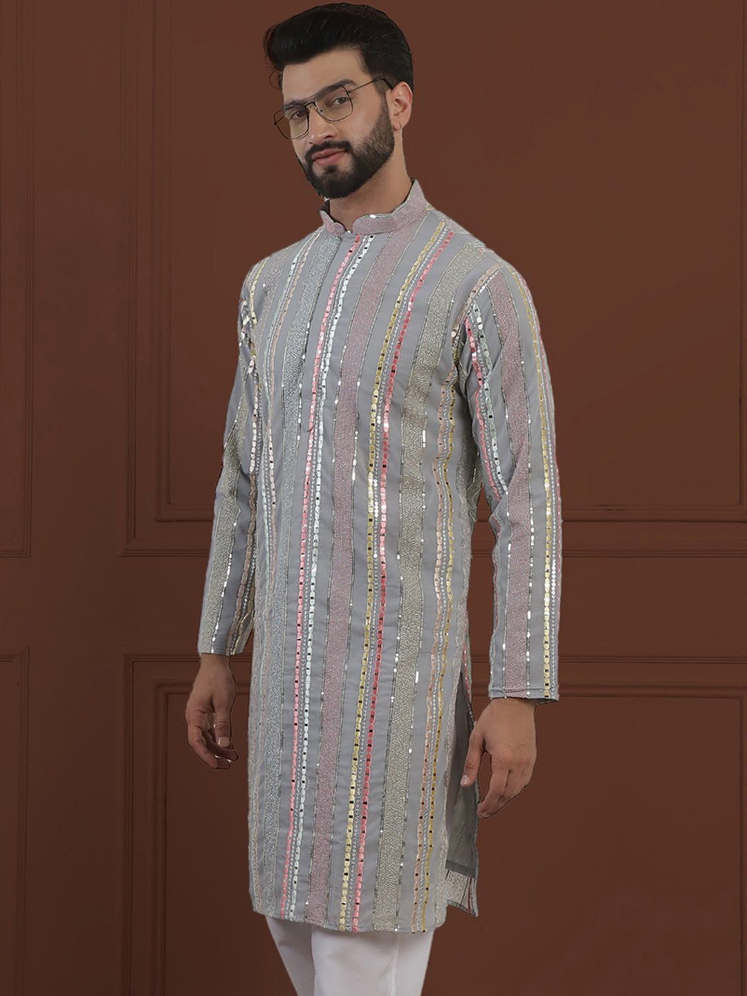 SOJANYA LUXE Kurta Lurus Kolar Mandarin Bersulam Geometrik