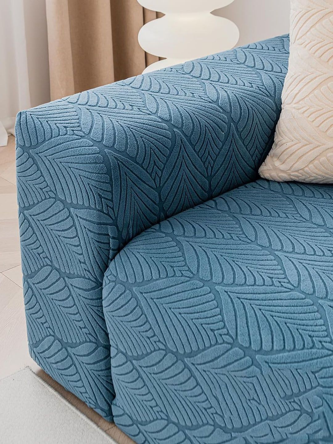 HOUSE OF QUIRK Blue Jacquard Leaf Textured Stretchable 3 seater Sofa cover