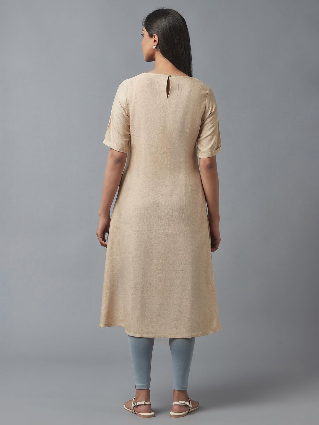 W Women Beige Embellished Keyhole Neck Flared Kurta