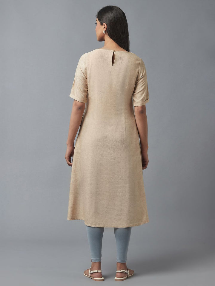 W Women Beige Embellished Keyhole Neck Flared Kurta