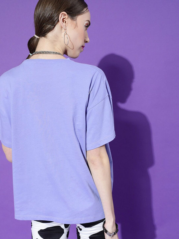 STREET 9 Women Lavender Typography Printed Oversize T-shirt
