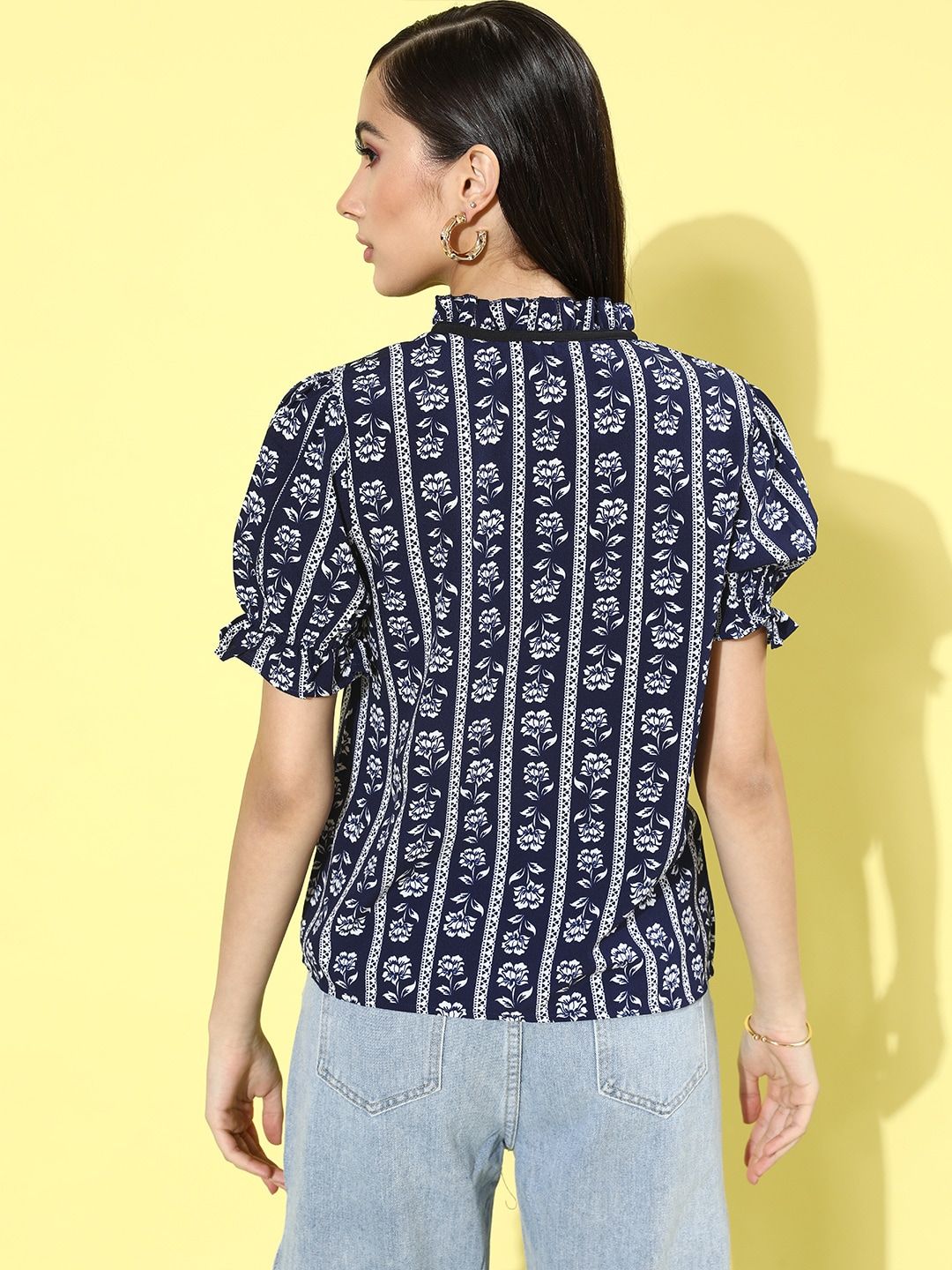 DressBerry Women Deep Navy Blue Romantic Florals Top