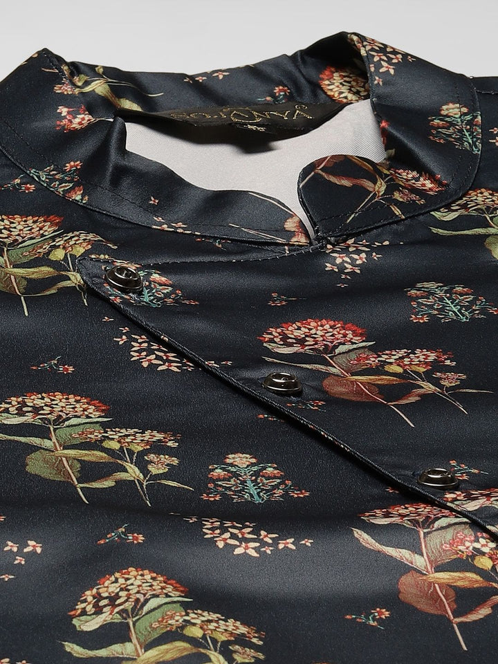 SOJANYA Men Navy Blue & Maroon Floral Print Kurta & Churidar with Tailored Jacket