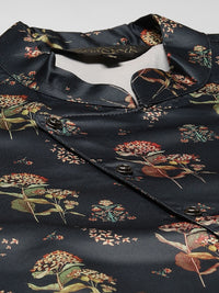 SOJANYA Men Navy Blue & Maroon Floral Print Kurta & Churidar with Tailored Jacket
