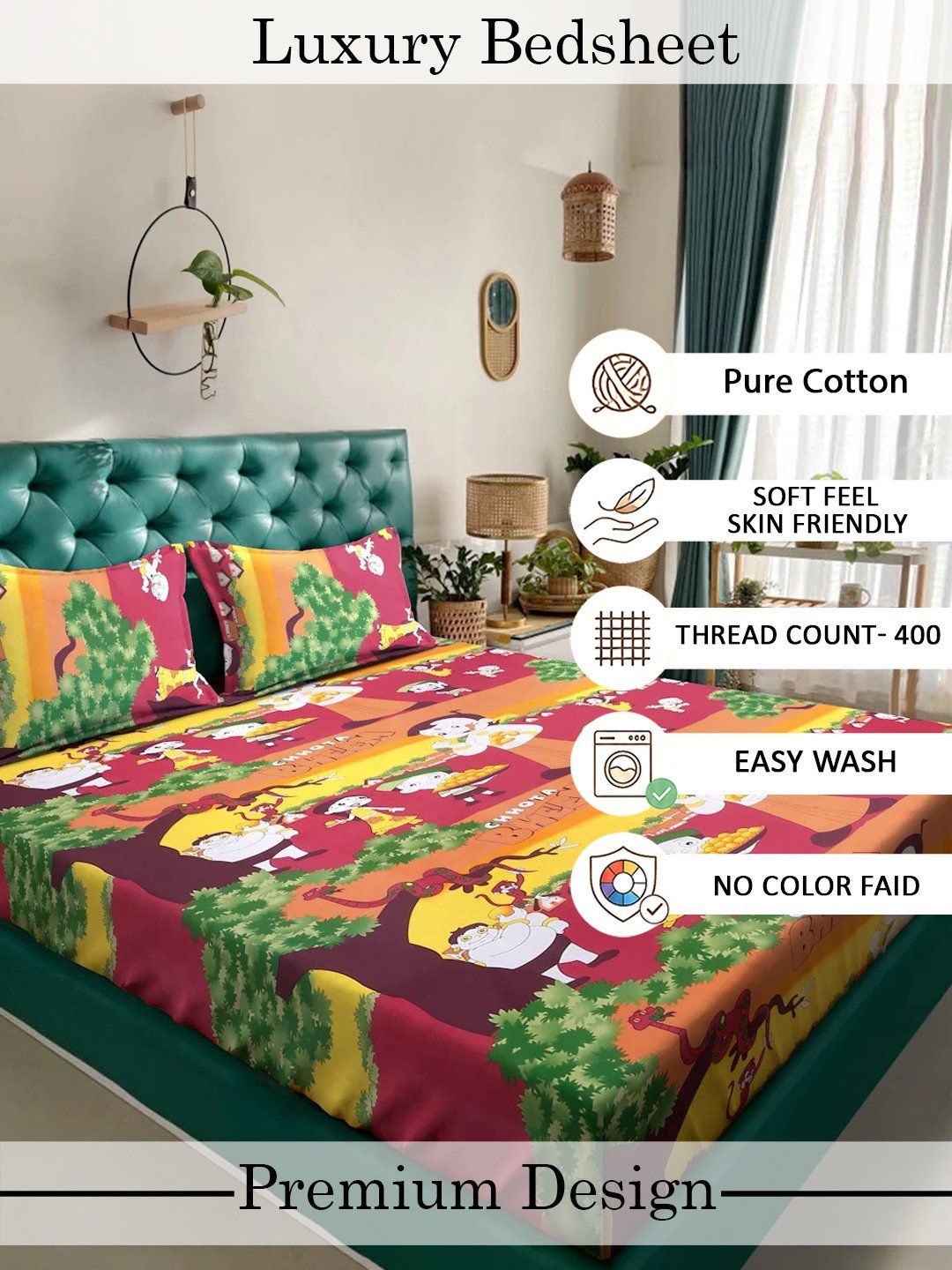 Myntra Elegant Homes Multicoloured Cartoon TC King Bedsheet with 2 Pillow Covers