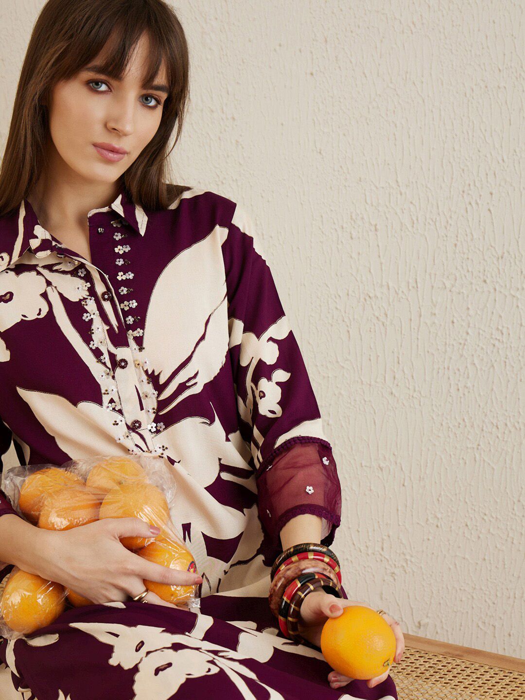 Indo Era Shirt Collar Floral Printed Straight Kurta with Trouser